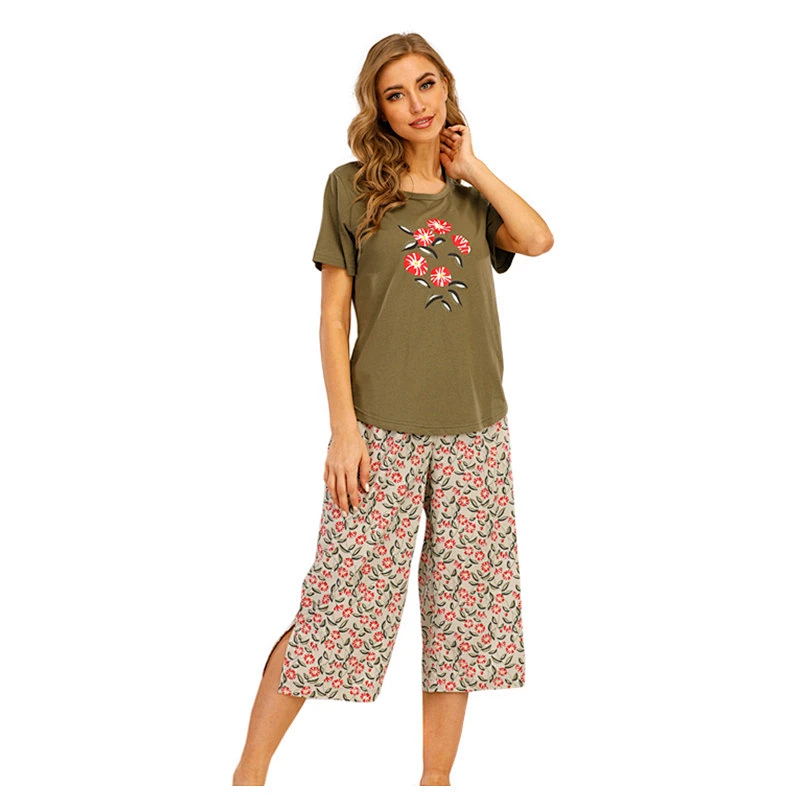 100% Cotton Short Printing Knitted Home Sleep wear Women Round-Collar OEM Popular Pyjamas Set