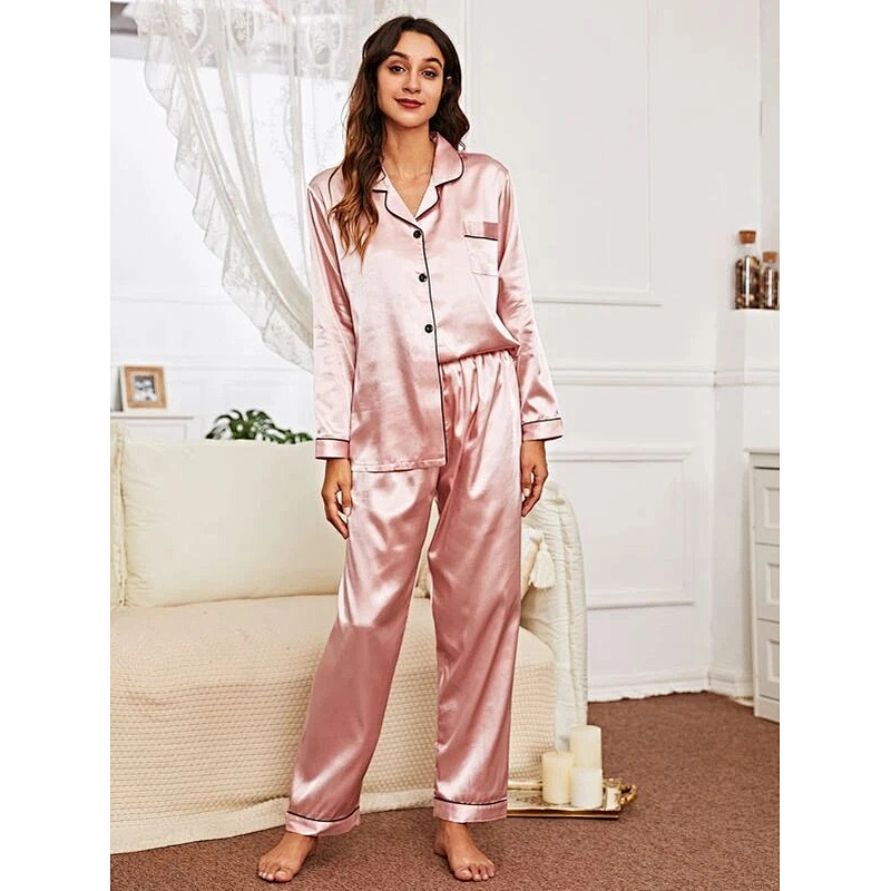 Long Sleeve Shirt and Pants Luxury Silk Pajamas Set Custom Contrast Binding Satin Pajamas