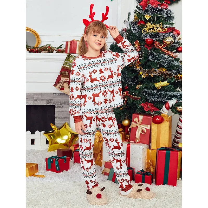 Custom New Arrival Adult and Kids Christmas Pjs 100% Cotton Rib Mommy and Me Matching Christmas Print Pajama Set