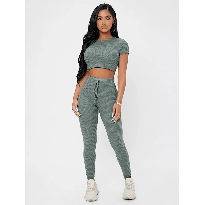 Waffle Knit Crop Tee & Tie Waist Leggings Set Custom Woman Lounge Wear Sets
