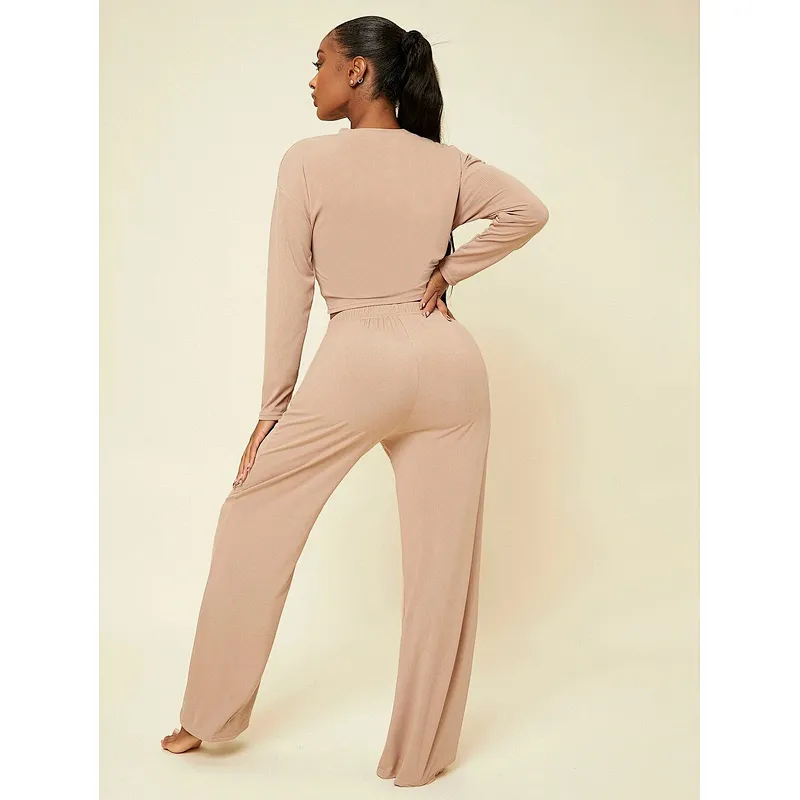 Ribbed Knit Loungewear Women Sets Drop Shoulder Top & Knotted Front Pants Lounge Wear