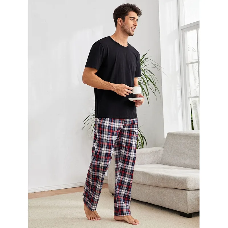 Short Sleeve Casual Cotton Pajama Plaid Slant Pocket PJ Set Mens Loungewear Set