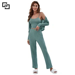 Button Front Top & Cami Top & Pants Lounge Set Women