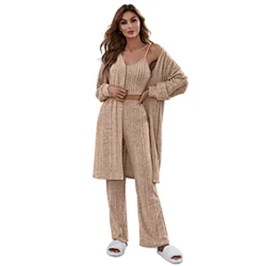 2022 New Femme Pyjama Loungewear Sets Ribbed Cami Pants Pajamas 3 Pieces Custom Women Lounge Wear