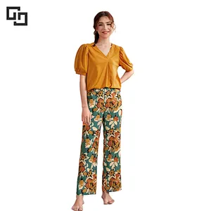 2022 Top Floral Print Pants Lounge Wear Woman Pyjama Long Cotton Women Pajamas Sets