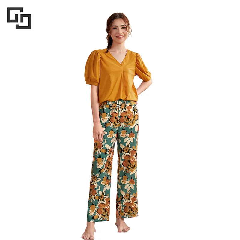 2022 Top Floral Print Pants Lounge Wear Woman Pyjama Long Cotton Women Pajamas Sets