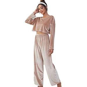 Winter Thick Solid Tops With Pants Fleece Pajama Sets Long Sleeve Custom Pj Set Velvet Femme Pyjamas