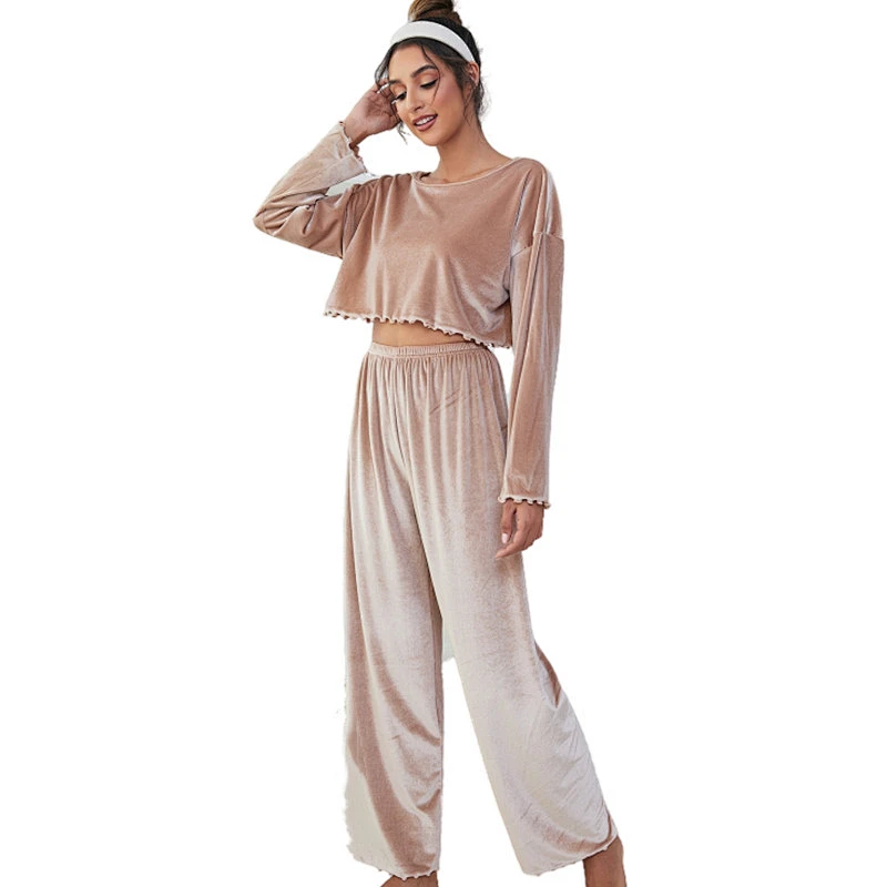 Winter Thick Solid Tops With Pants Fleece Pajama Sets Long Sleeve Custom Pj Set Velvet Femme Pyjamas