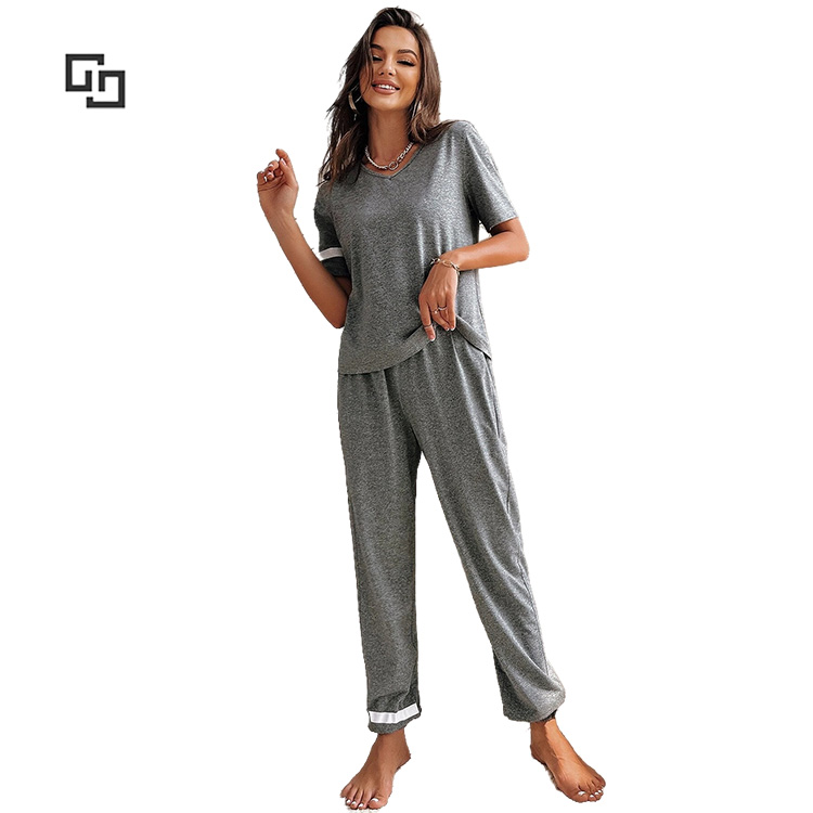 Women Pajamas Shorts V-neck Bamboo Viscose Two-piece Sleepwear Pajamas Colorblock Bamboo Viscose Pajama Set