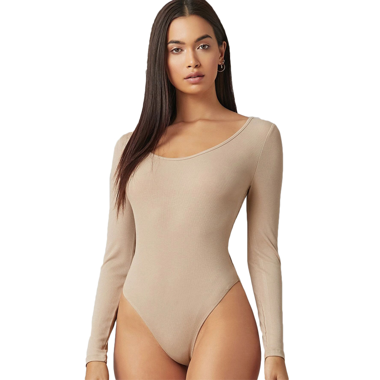 Rib-Knit Skinny Casual Bodysuits for Women Form Fitted Solid Long Sleeve Bodysuit
