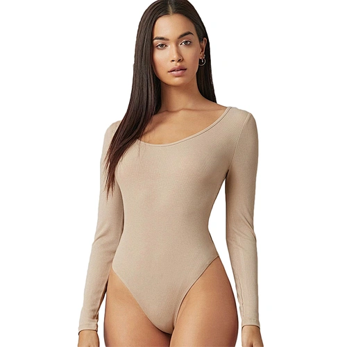 Rib-Knit Skinny Casual Bodysuits for Women Form Fitted Solid Long Sleeve Bodysuit