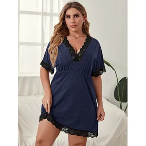 V Neck Short Sleeve Night Gown Plus Size Nightgowns Lace Trim Night Dress for Woman