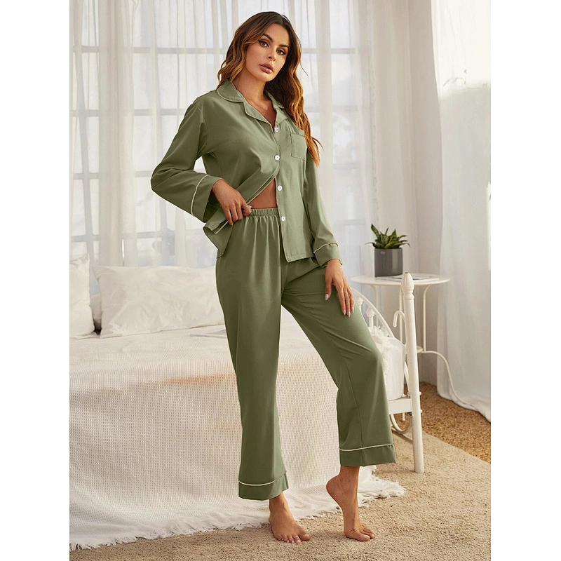 2022 NEW Custom Spring Long Sleep Wear Set Contrast Binding Button Through  Bamboo Pajamas