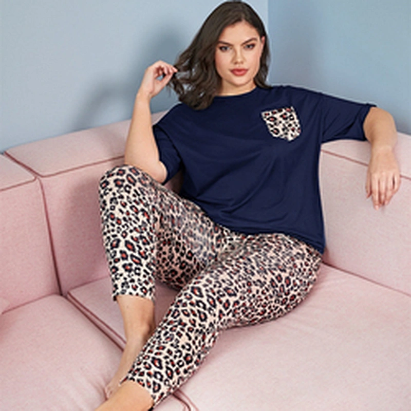 Wholesale Round Neck Short Sleeve Loungewear Leopard Print PJ Set for Women Plus Size Pajamas