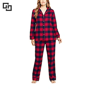 Wholesale Winter Women's Brushed 2 piece Cotton Flannel Plaid Pajama Set