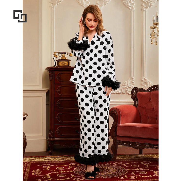 2022 Women Two Pieces Sleepwear Mesh Cuff Polka Dot Blouse and Pants Luxury New Design Pajamas