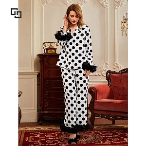 2022 Women Two Pieces Sleepwear Mesh Cuff Polka Dot Blouse and Pants Luxury New Design Pajamas