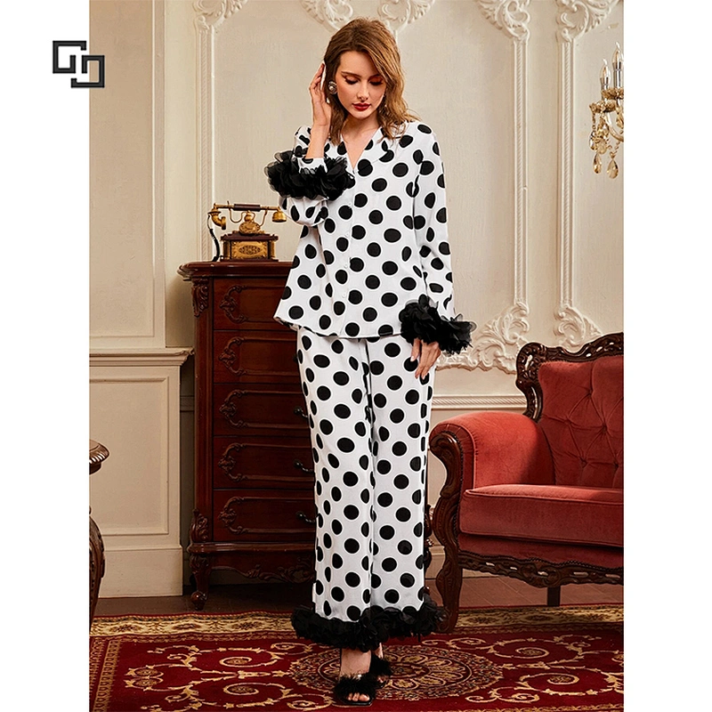 2022 Women Two Pieces Sleepwear Mesh Cuff Polka Dot Blouse and Pants Luxury New Design Pajamas