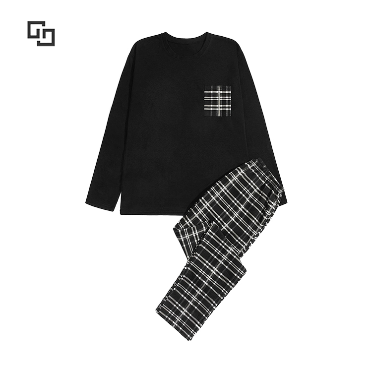 Adult Male Sleepwear Cotton Pocket Patched Tee & Plaid Print Bottoms Pants Pajamas for Men Set