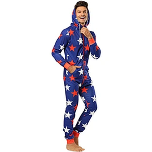 2022 Autumn Winter Men Star Print Drawstring Hooded Pajama Jumpsuit for Adult Men Onesie