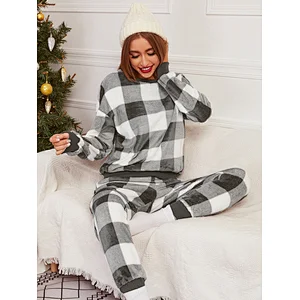Long Sleeve Flannel Pajama All Over Gingham Print Winter Pajamas for Women