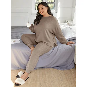 Custom Waffle Knit Women Waffle Pajama High Low Hem PJ Set Plus Size Pajamas