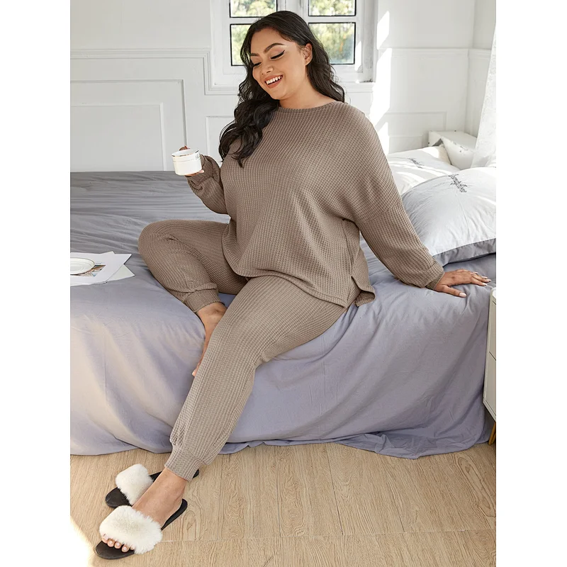 Custom Waffle Knit Women Waffle Pajama High Low Hem PJ Set Plus Size Pajamas