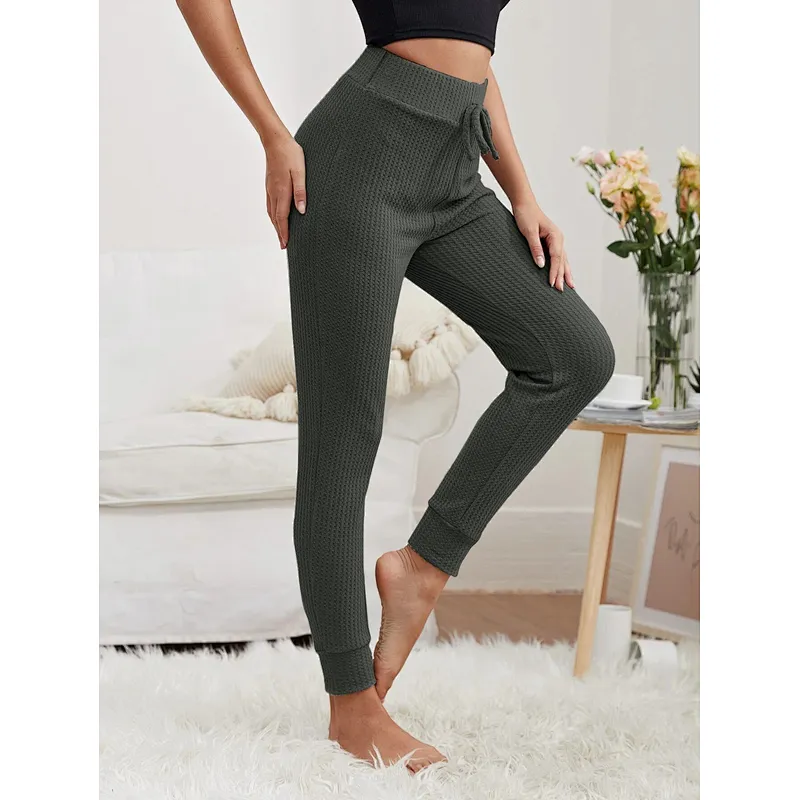 Custom Casual Pajama Pants Waffle Knit Tie Front Solid Women Lounge Pants