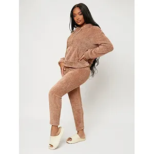 Kangaroo Pocket Drop Shoulder Winter Pajamas Drawstring Hooded Flannel Women Loungewear