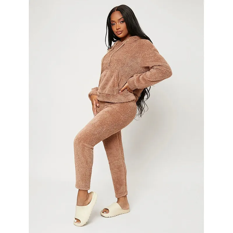 Kangaroo Pocket Drop Shoulder Winter Pajamas Drawstring Hooded Flannel Women Loungewear