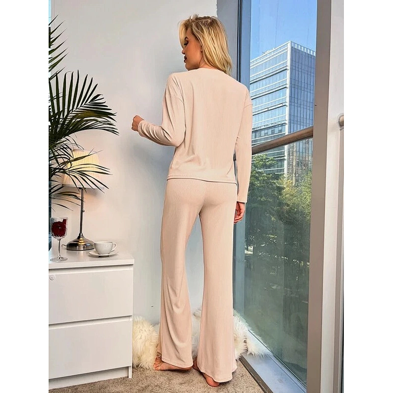 Rib Knit Custom Loungewear Patched Pocket Drop Shoulder Lounge Wear Sets Women