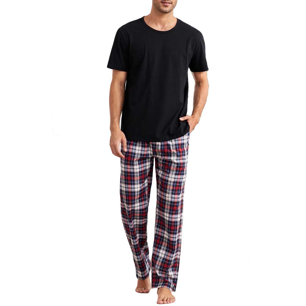 Short Sleeve Casual Cotton Pajama Plaid Slant Pocket PJ Set Mens Loungewear Set