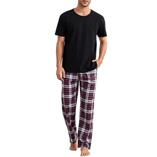 Short Sleeve Casual Cotton Pajama Plaid Slant Pocket PJ Set Mens Loungewear Set