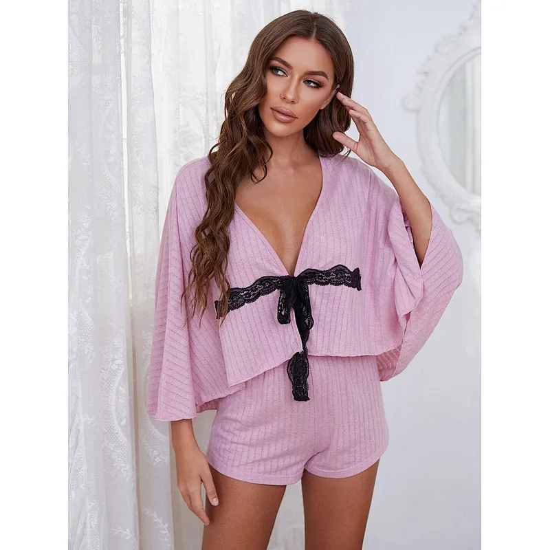 Cute Deep V Neck 2 Piece Loungewear Contrast Lace Tie Front Wholesale Cotton Pajamas
