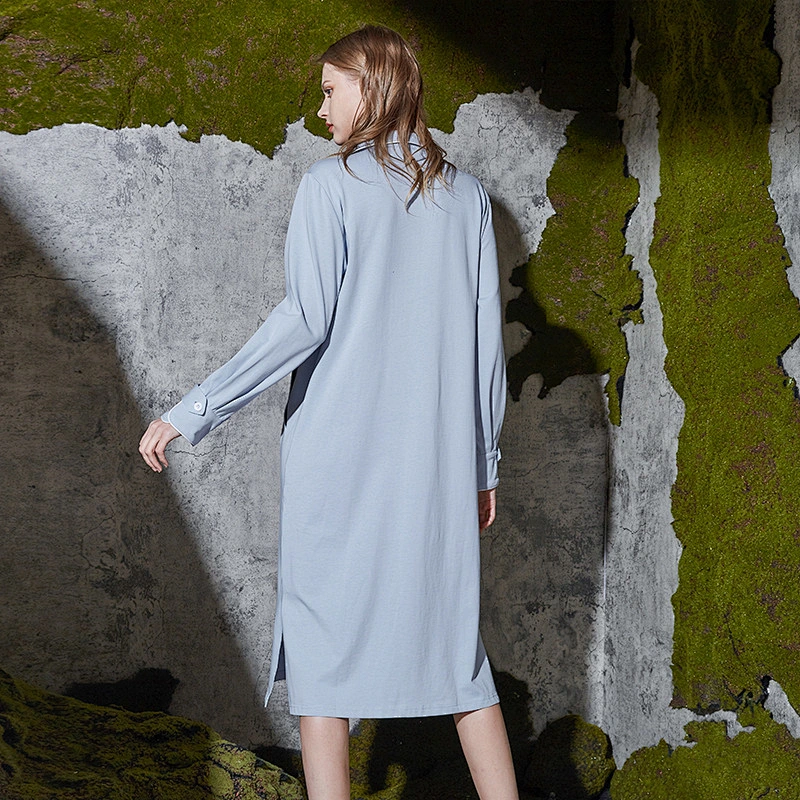 Ladies Spring Autumn Pyjama Medium Length 100% Cotton Night Dress Long Sleeves Solid Color Lapels Pajamas