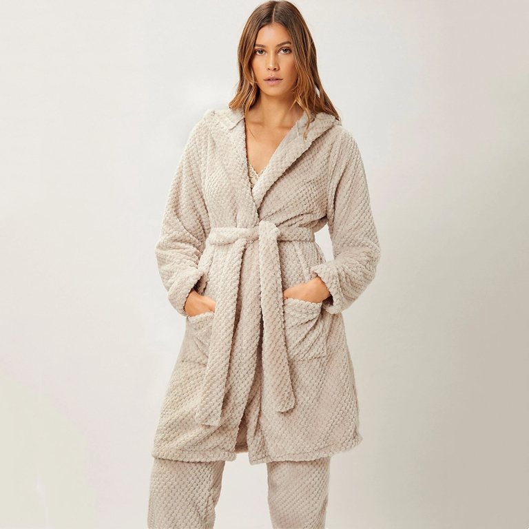 Winter Thermal Bathrobe Belted Dual Pocket Flannel Lounge Wear Hooded Custom Robe
