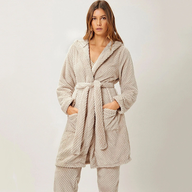 Winter Thermal Bathrobe Belted Dual Pocket Flannel Lounge Wear Hooded Custom Robe