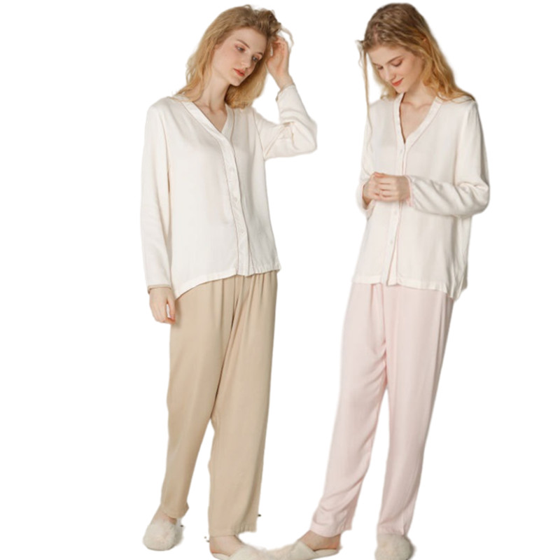 Piping Contrast Full Length Cozy Lounge Wear Solid Cotton Pajama Sets Viscose from Bamboo Pyjamas