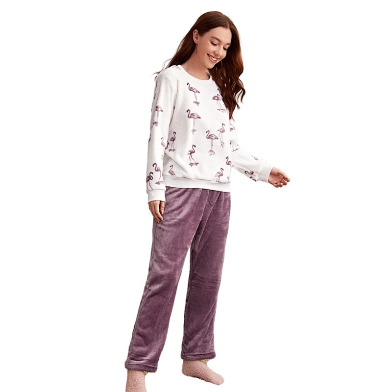 Flamingo Pattern Custom Velvet Lounge Wear Set Designer Winter Knit Flannel Women Pajama Sets