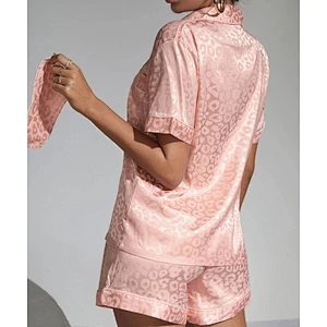 Pink Women Pijamas Leopard Loungewear Jacquard Contrast Binding PJ Set