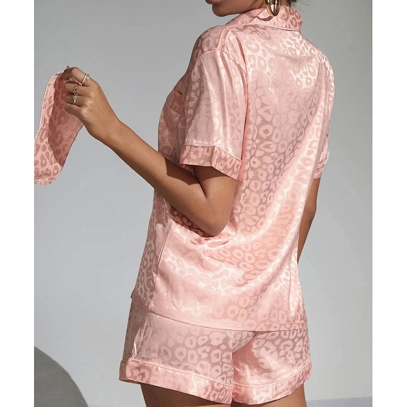 Pink Women Pijamas Leopard Loungewear Jacquard Contrast Binding PJ Set