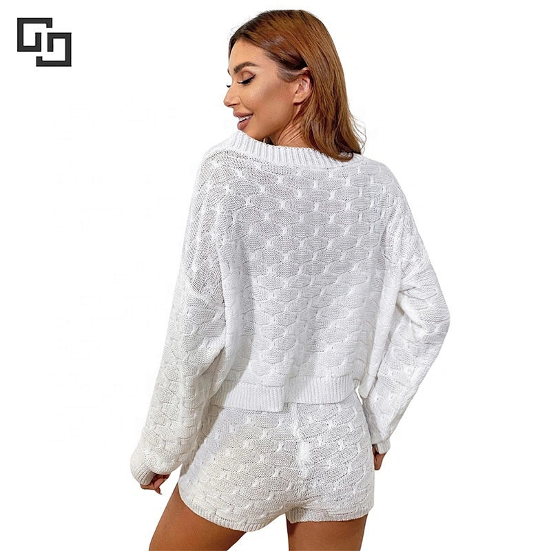 Drop Shoulder Cardigan & Knit Shorts Cotton Winter Wear Piyama Women