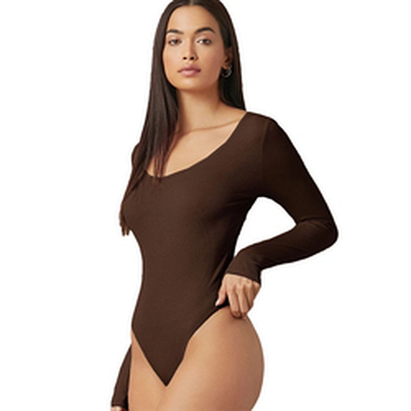 Rib-Knit Skinny Casual Bodysuits for Women Form Fitted Solid Long Sleeve Bodysuit