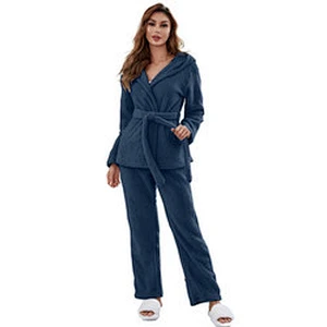 New Fleece Winter Belt Pyjama Pour Femmes Flannel Long Pjs Cozy Hooded Two Pieces Women Fuzzy Lounge Wear Sets