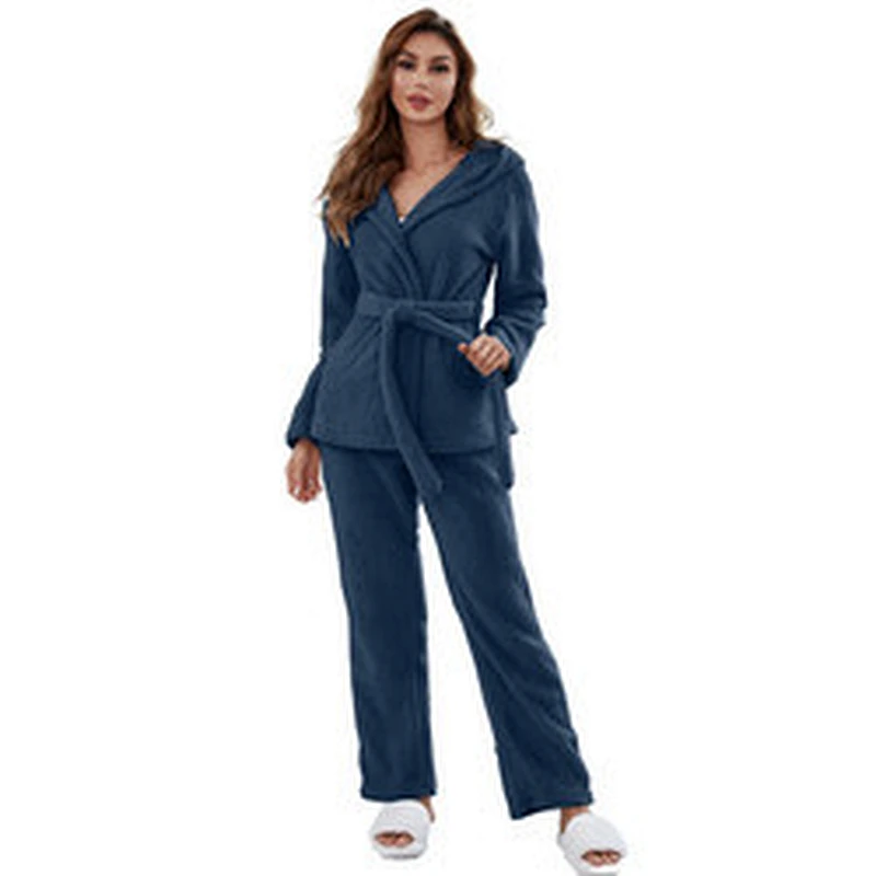 New Fleece Winter Belt Pyjama Pour Femmes Flannel Long Pjs Cozy Hooded Two Pieces Women Fuzzy Lounge Wear Sets