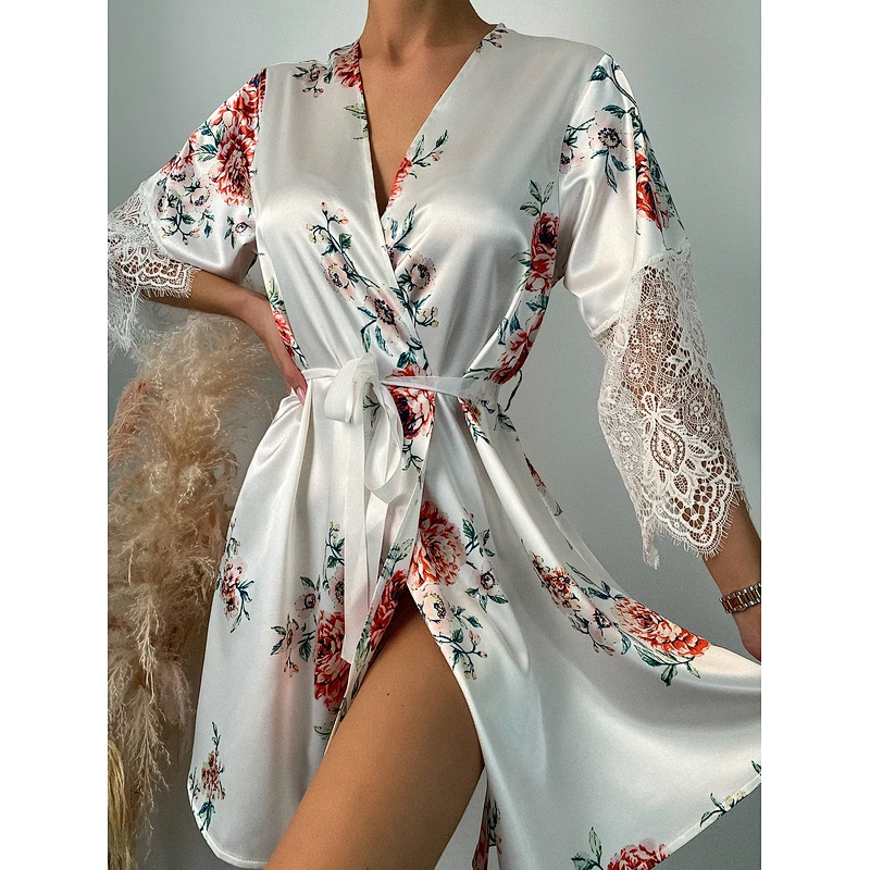 Spring Summer Floral Print Luxury Silk Robes Contrast Eyelash Lace Belted Satin Robe