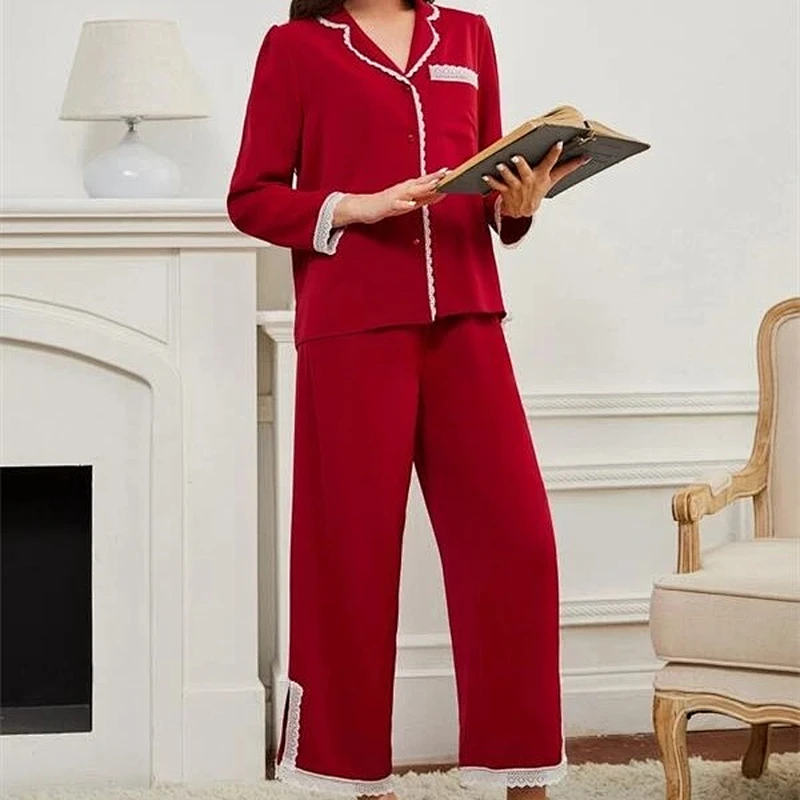 Cotton Pajamas Women Burgundy Pajama Set Cotton Woman Contrast Lace Long Sleeve Cotton Pajamas