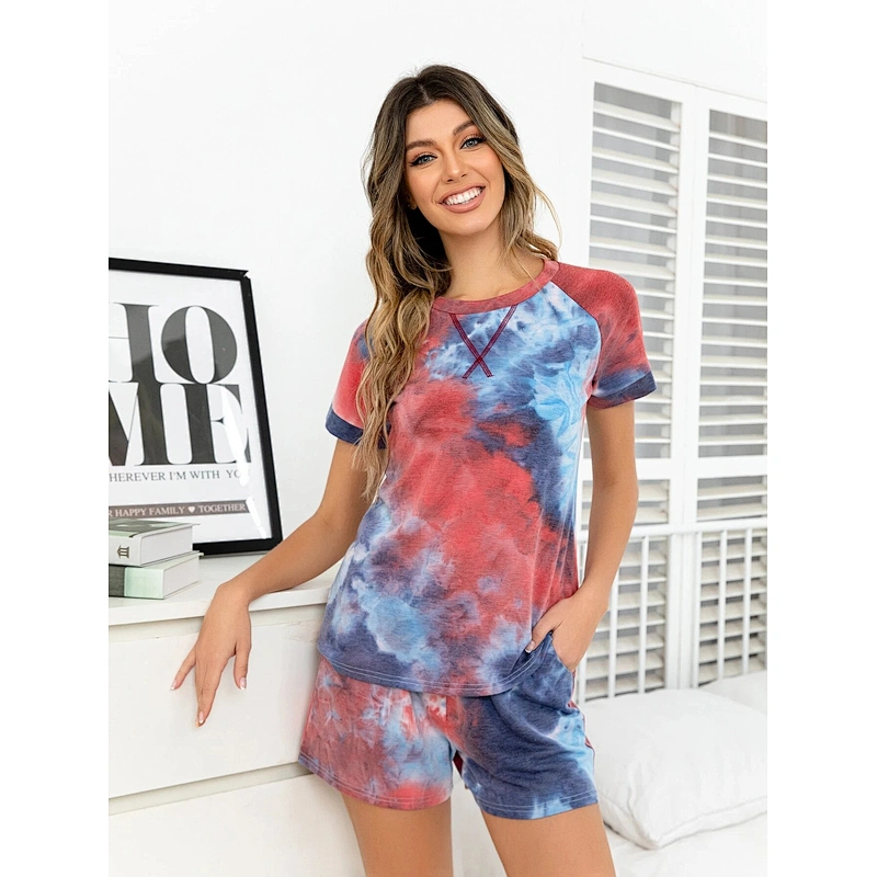 Tie Dye Bamboo Viscose Sleepwear Pajama Top-stitching Bamboo Viscose Pajamas Women Detail Raglan Pajamas Short Sleeve