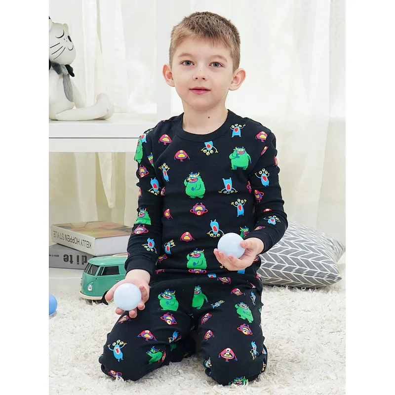 Cute 2 Piece Boy Sleepwear Cartoon Graphic Tee & Pants PJ Set 100% Cotton Kids Pajama
