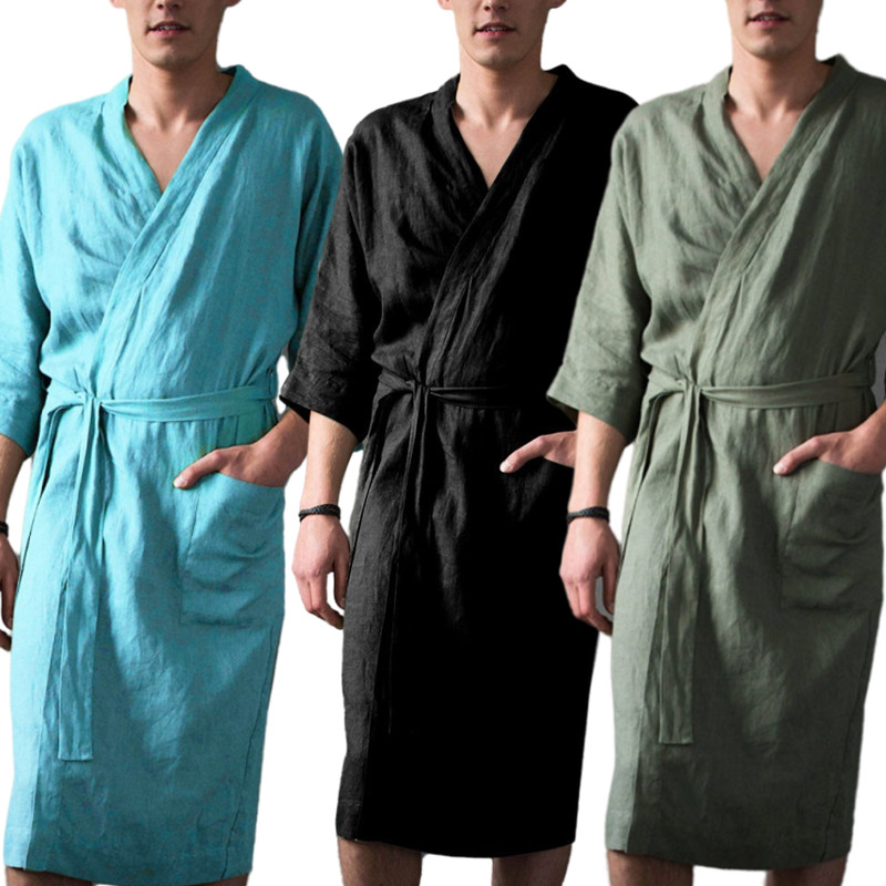 Custom Cotton Solid Bandage Linen Longue Robe Full Length Linen Designer Winter Men Bath Robes